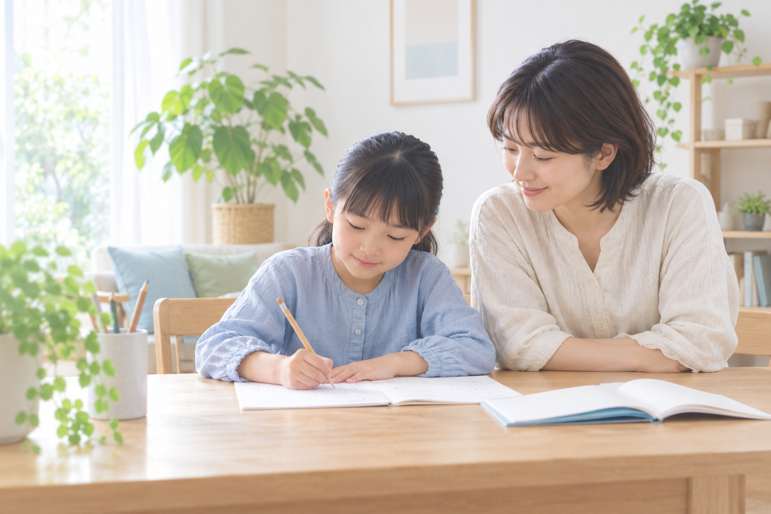 親子が家で一緒に学ぶ様子