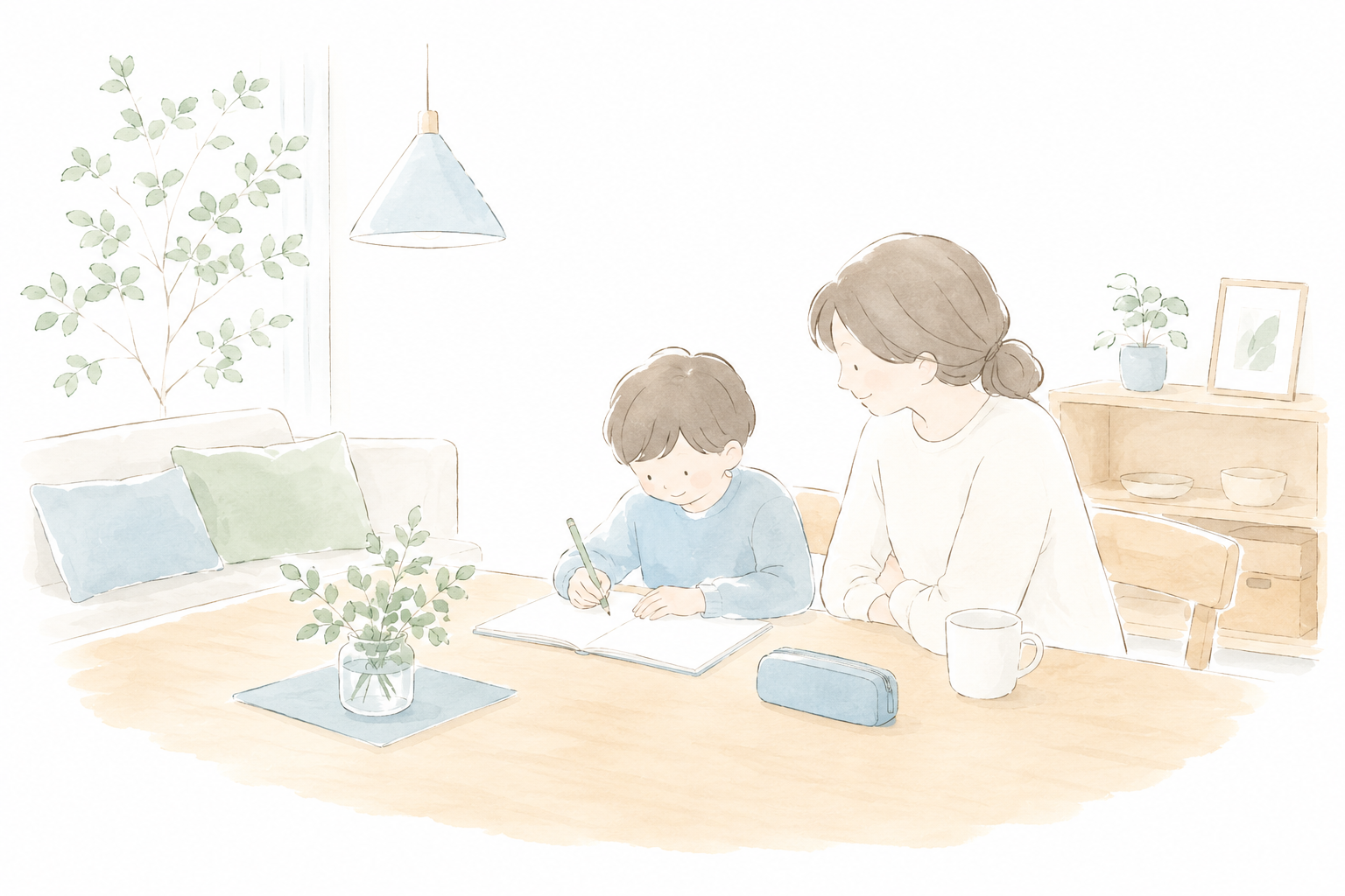 夏休みの家庭学習を午前中に取り組む小学生と保護者の様子