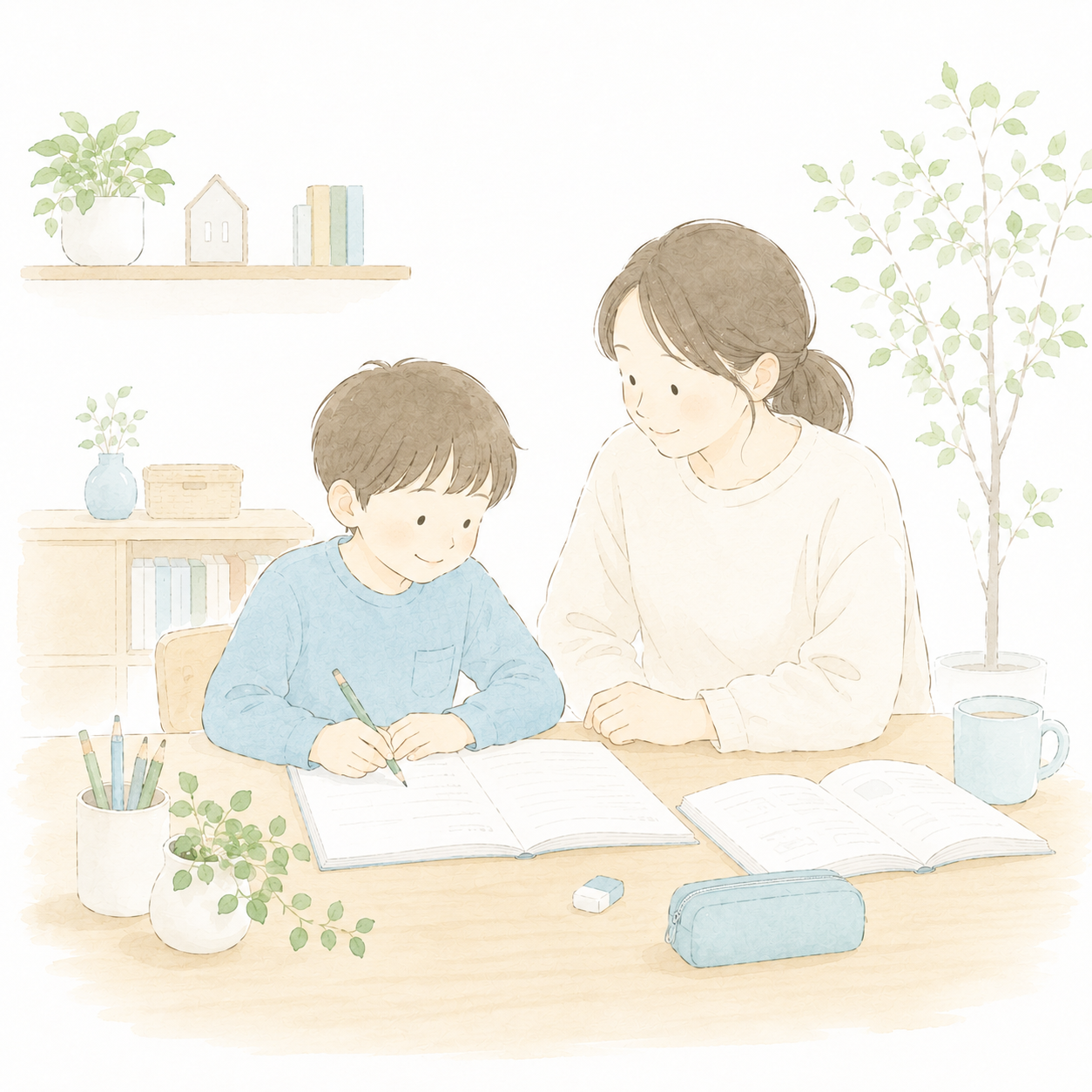 家庭学習を習慣づけるために机に向かう小学生と見守る保護者