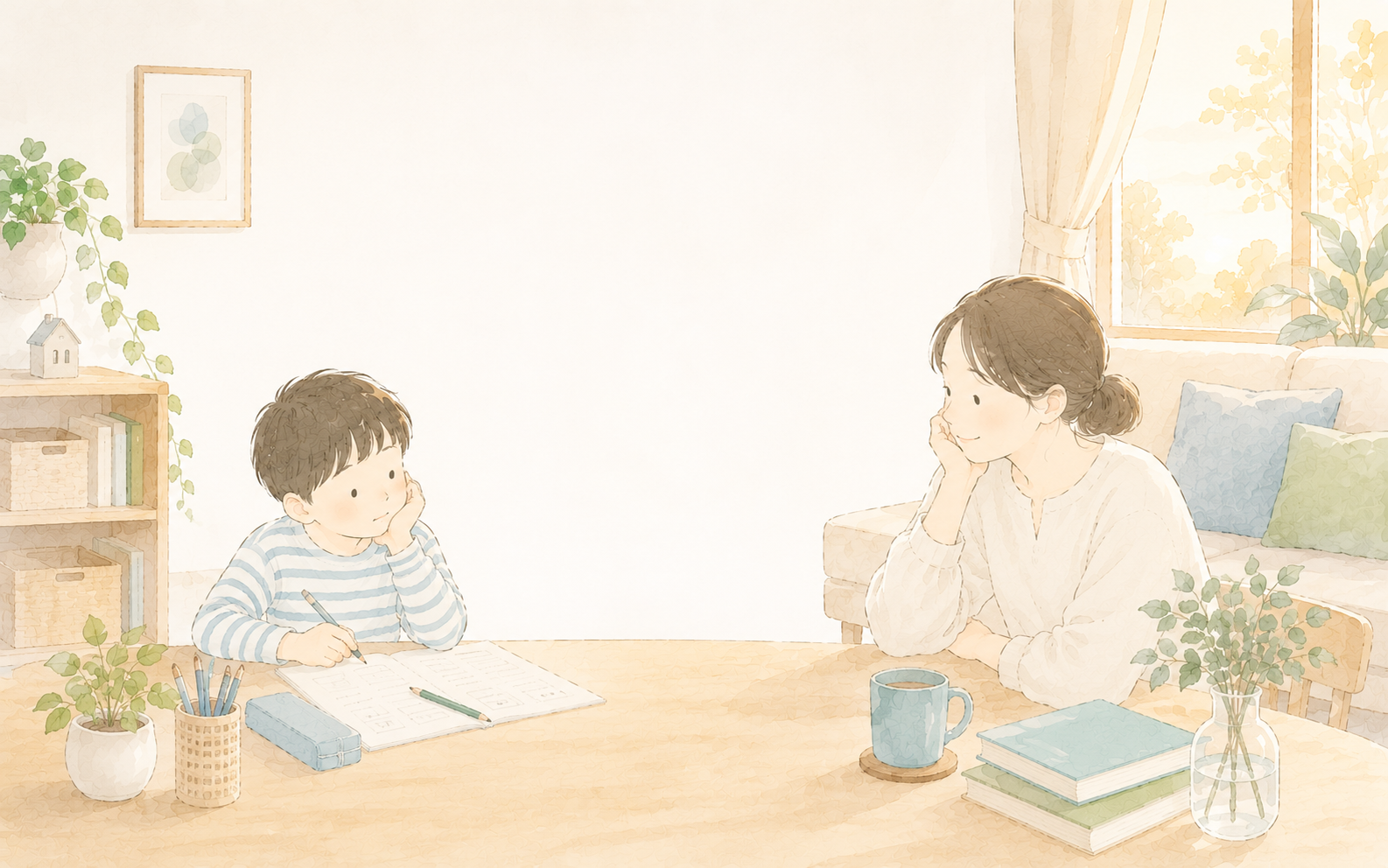 算数の文章題が苦手な子に寄り添い、一緒に問題を考える親子の様子