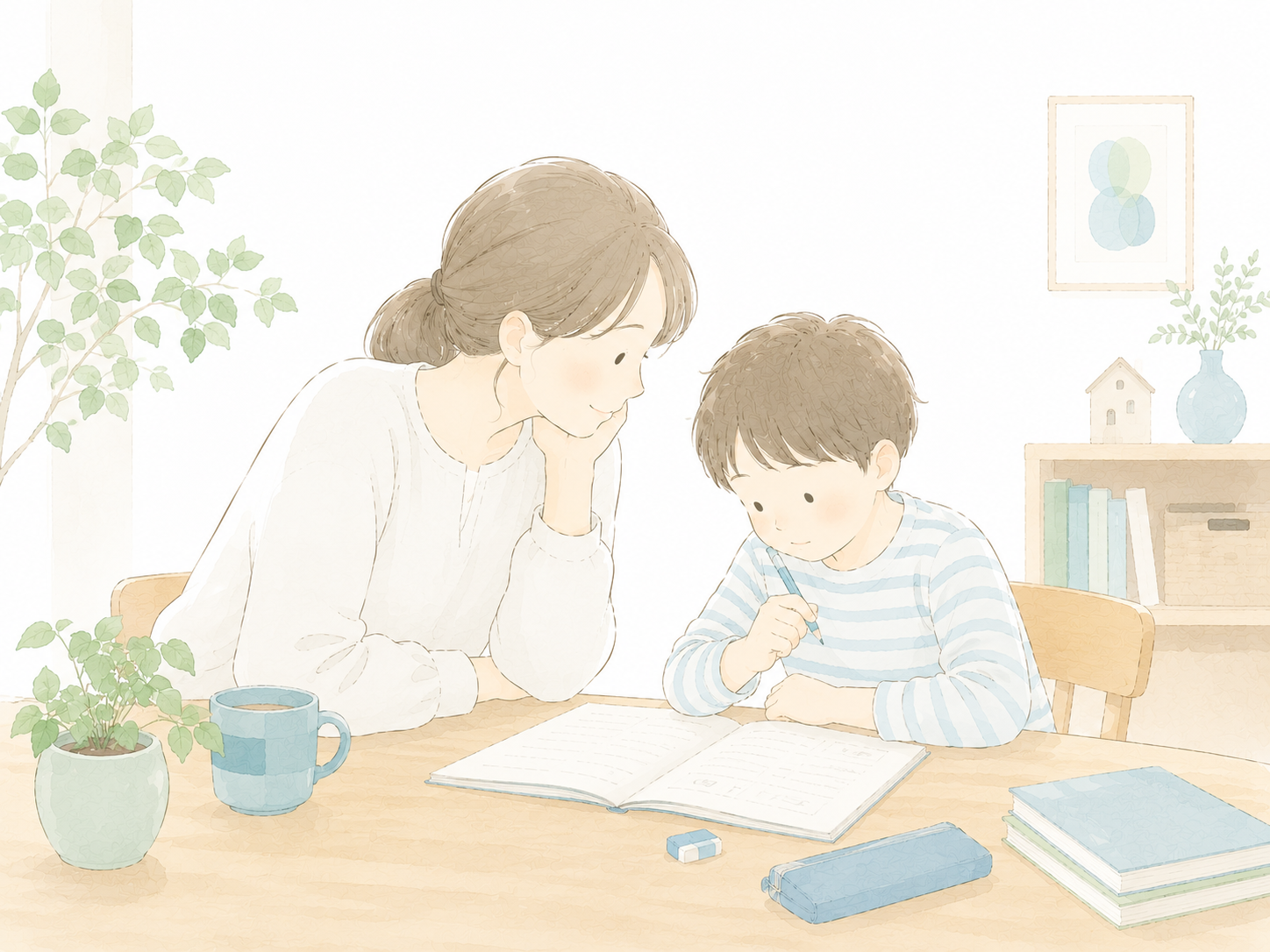家庭で子どもの学びをやさしく見守る保護者と小学生の様子